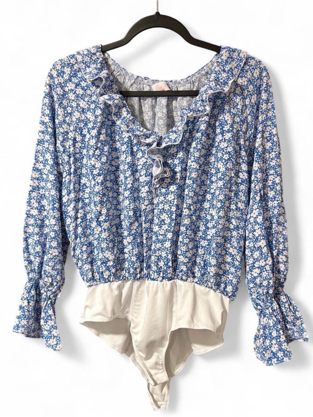 Pink Lily Blue Floral Ruffle V-Neck Bodysuit with Cream Bottom